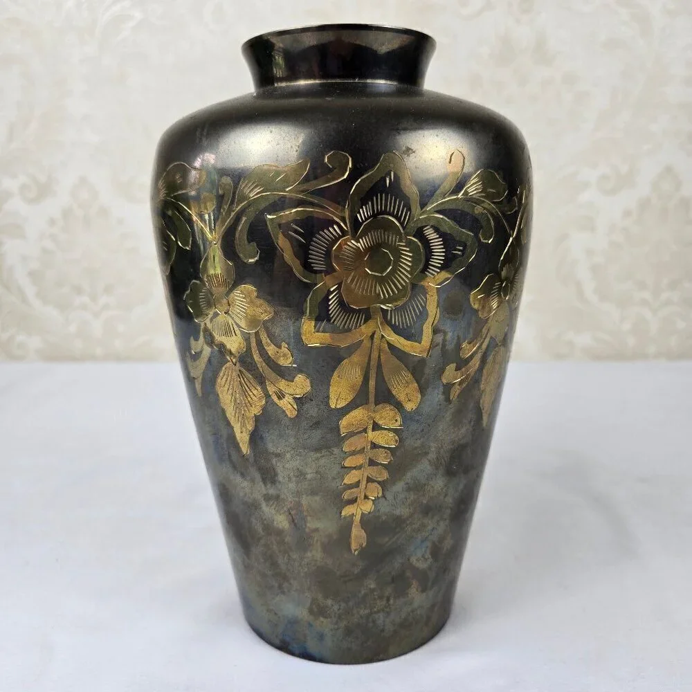 Brass Etched Floral Vase Gold Flowers Vines Leaves Vintage Decor Decoration